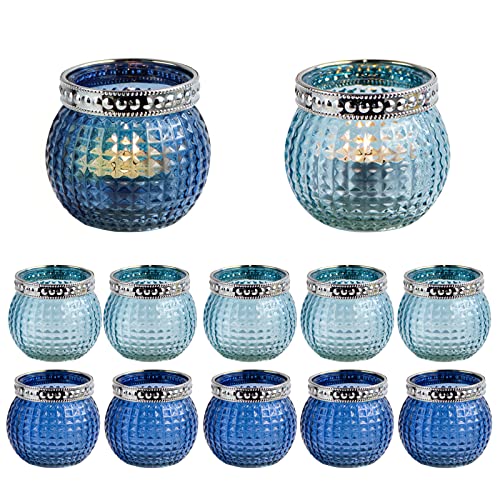 MJ PREMIER Teelichtgläser (12 STK),Windlicht Glas Set Votivkerzenhalter aus Vintage Teelichthalter Rund Windlicht Tischdeko Wohnzimmer Geschenk,Aromatherapie, Hochzeit, Party Deko Blau 5,9x6,6cm von MJ PREMIER