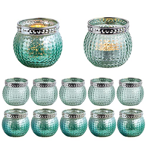 MJ PREMIER Teelichtgläser (12 STK),Windlicht Glas Set Votivkerzenhalter aus Vintage Teelichthalter Rund Windlicht Tischdeko Wohnzimmer Geschenk,Aromatherapie, Hochzeit, Party Deko Grün 5,9x6,6cm von MJ PREMIER