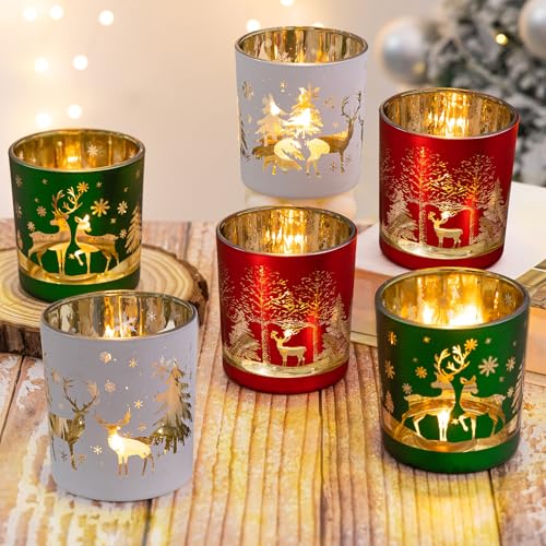 Weihnachtskerzenhalter Dekorationen, Set von 6 Glaskerzenhalter, Weihnachts-Teelichthalter, Tischaufsätze, Party-Dekorationen (Schnee/Weihnachtsbaum/Rentier) von MJ PREMIER