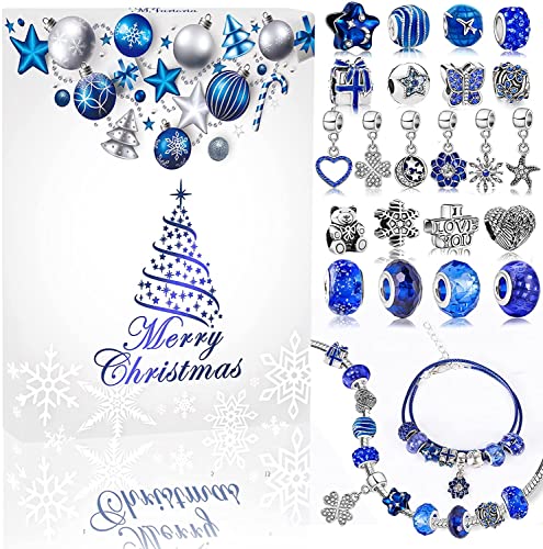 MJARTORIA Blauer Schmuck Adventskalender für Mädchen-Blauer 2024 Schmuck Weihnachts-Countdown-Inklusive Blaue Schneeflocke Metallanhänger Perlen DIY Herstellungsset Schmuckgeschenke von MJARTORIA