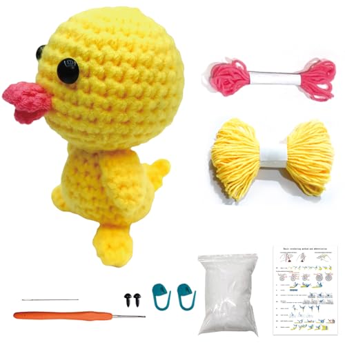 MJARTORIA Strickset Häkelset für Anfänger Tiere, Häckeln Stricken für Anfänger Set mit Anleitung, Kreativ Strickset Bastelset Erwachsene Kinder Geschenk(Gelb Ente) von MJARTORIA