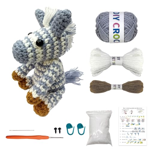 MJARTORIA Strickset Häkelset für Anfänger Tiere, Häckeln Stricken für Anfänger Set mit Anleitung, Kreativ Strickset Bastelset Erwachsene Kinder Geschenk(Grau Zebra) von MJARTORIA