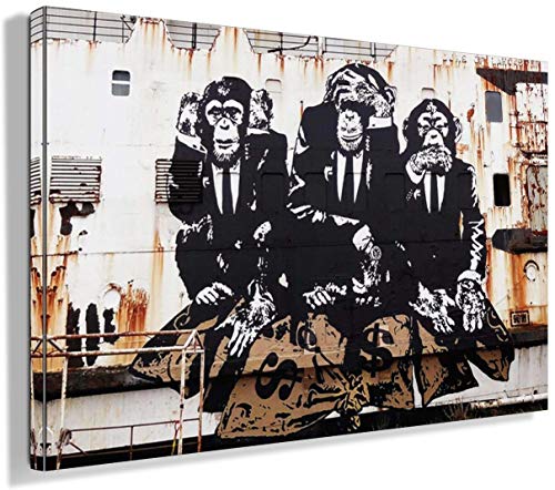 MJEDC Banksy Bilder Leinwand 3 Affen Bild Graffiti Street Art Leinwandbild Fertig Auf Keilrahmen Kunstdrucke Wohnzimmer Wanddekoration Deko XXL (70x120cm(27.6x47.2inch)) von MJEDC