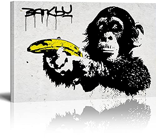 MJEDC Banksy Bilder Leinwand Affe mit Banane Graffiti Street Art Leinwandbild Fertig Auf Keilrahmen Kunstdrucke Wohnzimmer Wanddekoration Deko XXL 40x60cm(15.7x23.6inch) von MJEDC