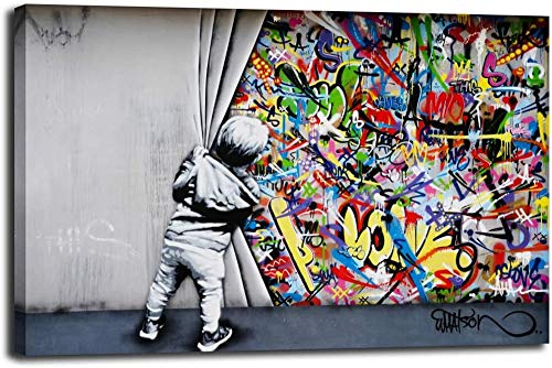 MJEDC Banksy Bilder Leinwand Behind the Curtain Graffiti Street Art Leinwandbild Fertig Auf Keilrahmen Kunstdrucke Wohnzimmer Wanddekoration Deko XXL (60x100cm(23.6x39.4inch)) von MJEDC