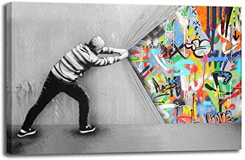 MJEDC Banksy Bilder Leinwand Behind the Curtain Graffiti Street Art Leinwandbild Fertig Auf Keilrahmen Kunstdrucke Wohnzimmer Wanddekoration Deko XXL (80x140cm(31.5x55.1inch)) von MJEDC