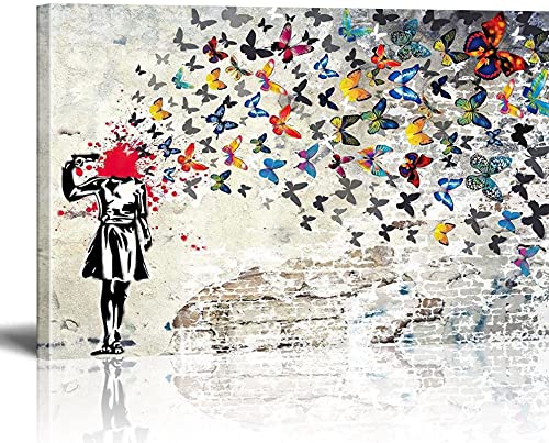 MJEDC Banksy Bilder Leinwand Butterfly Girl Graffiti Street Art Leinwandbild Fertig Auf Keilrahmen Kunstdrucke Wohnzimmer Wanddekoration Deko XXL 60x100cm(23.6x39.4inch) von MJEDC