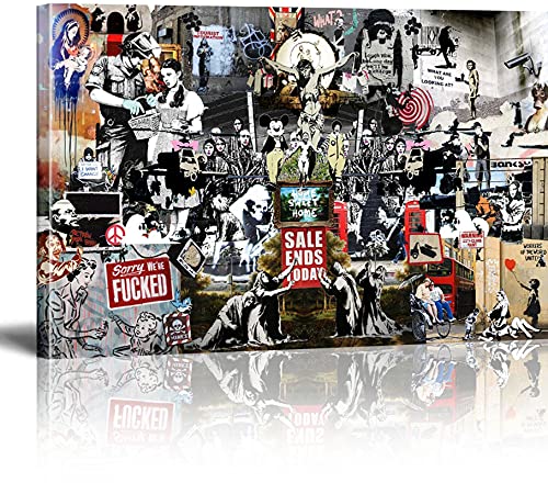 MJEDC Banksy Bilder Leinwand Collection de collages Graffiti Street Art Leinwandbild Fertig Auf Keilrahmen Kunstdrucke Wohnzimmer Wanddekoration Deko XXL 30x40cm(11.8x15.7inch) von MJEDC