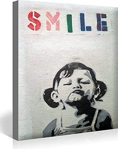 MJEDC Banksy Bilder Leinwand Cute Smile Girl Graffiti Street Art Leinwandbild Fertig Auf Keilrahmen Kunstdrucke Wohnzimmer Wanddekoration Deko XXL 40x60cm(15.7x23.6inch) von MJEDC