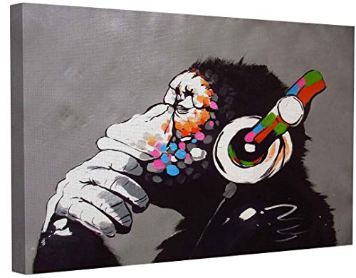 Banksy Bilder Leinwand DJ Monkey Graffiti Street Art Leinwandbild Fertig Auf Keilrahmen Kunstdrucke Wohnzimmer Wanddekoration Deko XXL (30x40cm(11.8x15.7inch)) von MJEDC