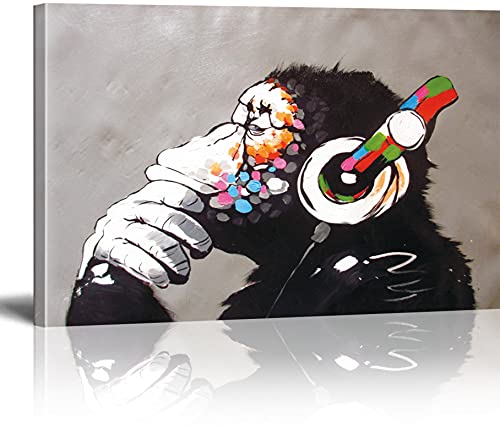 Banksy Bilder Leinwand DJ Monkey Graffiti Street Art Leinwandbild Fertig Auf Keilrahmen Kunstdrucke Wohnzimmer Wanddekoration Deko XXL 20x30cm von MJEDC