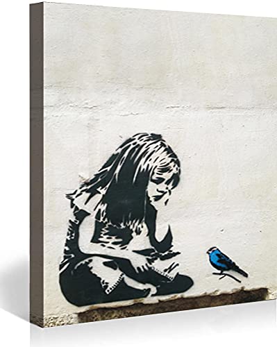 MJEDC Banksy Bilder Leinwand Girl with Blue Bird Graffiti Street Art Leinwandbild Fertig Auf Keilrahmen Kunstdrucke Wohnzimmer Wanddekoration Deko XXL 30x40cm(11.8x15.7inch) von MJEDC