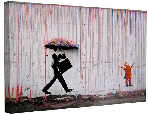 MJEDC Banksy Bilder Leinwand Kid Playing in Colorful Rain Graffiti Street Art Leinwandbild Fertig Auf Keilrahmen Kunstdrucke Wohnzimmer Wanddekoration Deko XXL (30x40cm(11.8x15.7inch)) von MJEDC