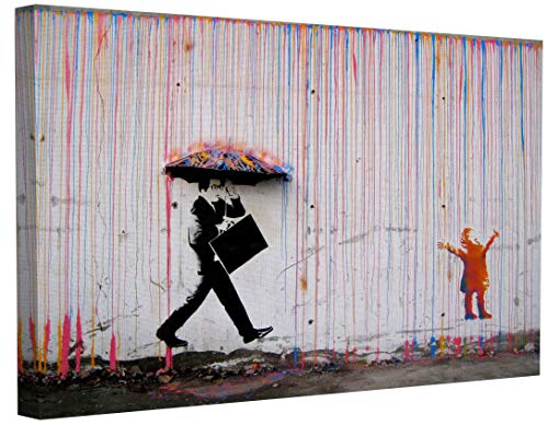 MJEDC Banksy Bilder Leinwand Kid Playing in Colorful Rain Graffiti Street Art Leinwandbild Fertig Auf Keilrahmen Kunstdrucke Wohnzimmer Wanddekoration Deko XXL (60x100cm(23.6x39.4inch)) von MJEDC
