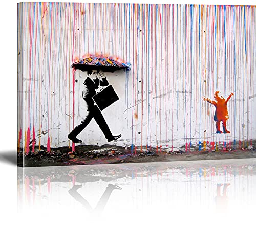 MJEDC Banksy Bilder Leinwand Kid Playing in Colorful Rain Graffiti Street Art Leinwandbild Fertig Auf Keilrahmen Kunstdrucke Wohnzimmer Wanddekoration Deko XXL 20x30cm von MJEDC
