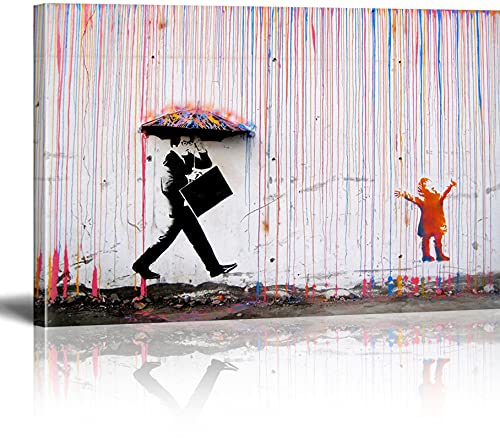 MJEDC Banksy Bilder Leinwand Kid Playing in Colorful Rain Graffiti Street Art Leinwandbild Fertig Auf Keilrahmen Kunstdrucke Wohnzimmer Wanddekoration Deko XXL 30x40cm von MJEDC