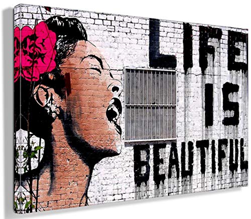 MJEDC Banksy Bilder Leinwand Life is Beautiful Graffiti Street Art Leinwandbild Fertig Auf Keilrahmen Kunstdrucke Wohnzimmer Wanddekoration Deko XXL (30x40cm(11.8x15.7inch)) von MJEDC