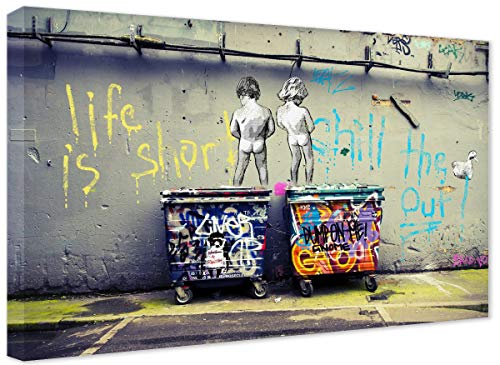 MJEDC Banksy Bilder Leinwand Life is Short Graffiti Street Art Leinwandbild Fertig Auf Keilrahmen Kunstdrucke Wohnzimmer Wanddekoration Deko XXL (40x60cm(15.7x23.6inch)) von MJEDC