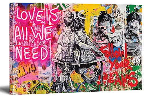 MJEDC Banksy Bilder Leinwand Love is All We Need Graffiti Street Art Leinwandbild Fertig Auf Keilrahmen Kunstdrucke Wohnzimmer Wanddekoration Deko XXL (60x100cm(23.6x39.4inch)) von MJEDC