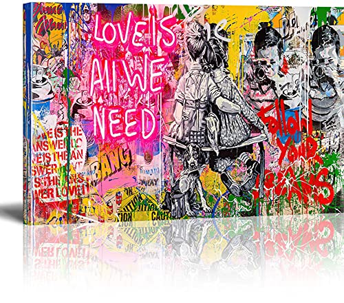 MJEDC Banksy Bilder Leinwand Love is All We Need Graffiti Street Art Leinwandbild Fertig Auf Keilrahmen Kunstdrucke Wohnzimmer Wanddekoration Deko XXL 30x50cm von MJEDC