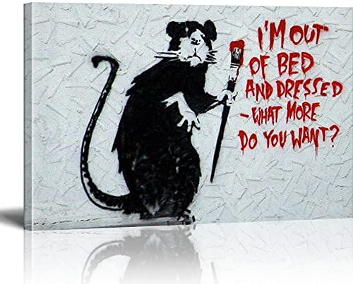 MJEDC Banksy Bilder Leinwand Rat I'm Out of Bed Graffiti Street Art Leinwandbild Fertig Auf Keilrahmen Kunstdrucke Wohnzimmer Wanddekoration Deko XXL 40x60cm(15.7x23.6inch) von MJEDC