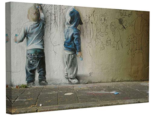 MJEDC Banksy Bilder Leinwand Two Kids Graffiti Street Art Leinwandbild Fertig Auf Keilrahmen Kunstdrucke Wohnzimmer Wanddekoration Deko XXL (30x40cm(11.8x15.7inch)) von MJEDC