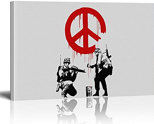 MJEDC Banksy Bilder Leinwand War and Peace Graffiti Street Art Leinwandbild Fertig Auf Keilrahmen Kunstdrucke Wohnzimmer Wanddekoration Deko XXL 30x40cm(11.8x15.7inch) von MJEDC