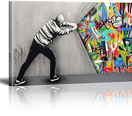 MJEDC Banksy Bilder Leinwand Behind the Curtain Graffiti Art Graffiti Street Art Leinwandbild Fertig Auf Keilrahmen Kunstdrucke Wohnzimmer Wanddekoration Deko XXL 30x40cm von MJEDC