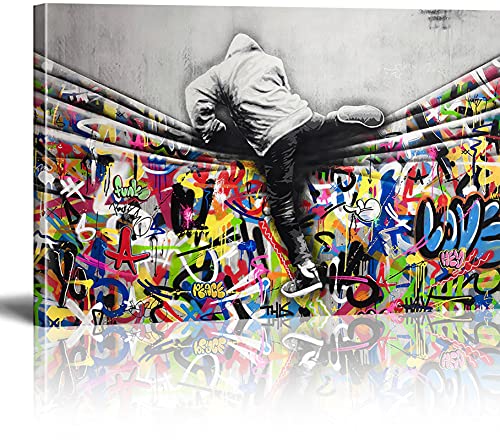 MJEDC Banksy Bilder Leinwand Behind the Curtain Graffiti Art Graffiti Street Art Leinwandbild Fertig Auf Keilrahmen Kunstdrucke Wohnzimmer Wanddekoration Deko XXL 40x70cm von MJEDC