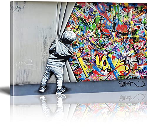 MJEDC Banksy Bilder Leinwand Behind the Curtain Graffiti Art Graffiti Street Art Leinwandbild Fertig Auf Keilrahmen Kunstdrucke Wohnzimmer Wanddekoration Deko XXL 60x110cm von MJEDC