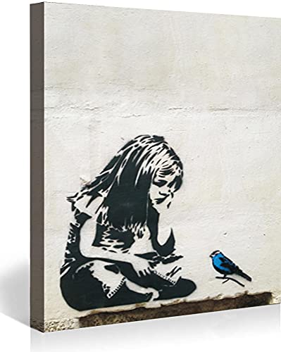 MJEDC Banksy Bilder Leinwand Girl with Blue Bird Graffiti Street Art Leinwandbild Fertig Auf Keilrahmen Kunstdrucke Wohnzimmer Wanddekoration Deko XXL 70x100cm(27.6x43.3inch) von MJEDC