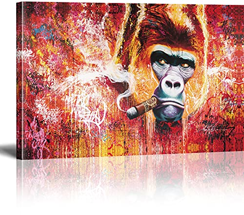 MJEDC Banksy Bilder Leinwand Gorilla Smoking Cigar Graffiti Street Art Leinwandbild Fertig Auf Keilrahmen Kunstdrucke Wohnzimmer Wanddekoration Deko XXL 75x100cm von MJEDC