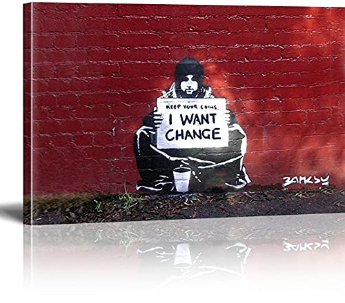 MJEDC Banksy Bilder Leinwand Keep Your Coins Graffiti Street Art Leinwandbild Fertig Auf Keilrahmen Kunstdrucke Wohnzimmer Wanddekoration Deko XXL 70x100cm(27.6x43.3inch) von MJEDC