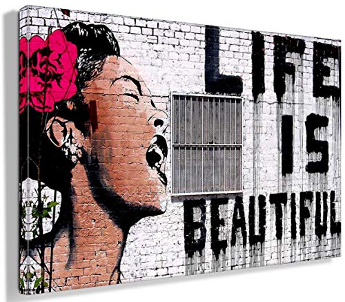 MJEDC Banksy Bilder Leinwand Life is Beautiful Graffiti Street Art Leinwandbild Fertig Auf Keilrahmen Kunstdrucke Wohnzimmer Wanddekoration Deko XXL (70x120cm(27.6x47.2inch)) von MJEDC