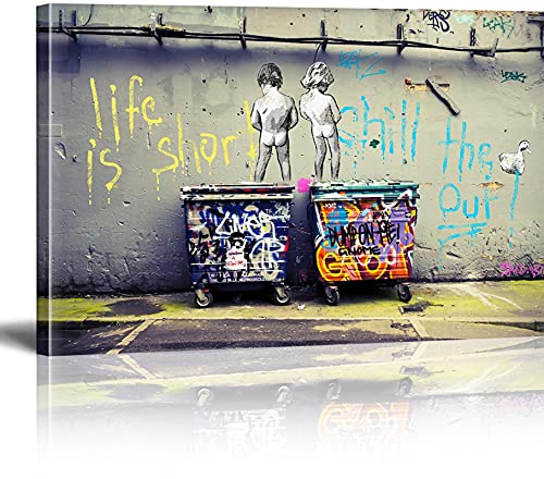 MJEDC Banksy Bilder Leinwand Life is Short Graffiti Street Art Leinwandbild Fertig Auf Keilrahmen Kunstdrucke Wohnzimmer Wanddekoration Deko XXL 60x100cm von MJEDC