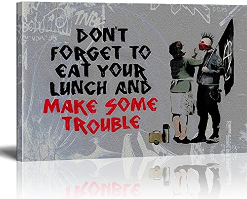 MJEDC Banksy Bilder Leinwand Make Some Trouble Graffiti Street Art Leinwandbild Fertig Auf Keilrahmen Kunstdrucke Wohnzimmer Wanddekoration Deko XXL 40x60cm(15.7x23.6inch) von MJEDC