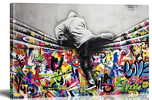 MJEDC Banksy Bilder Leinwand New World Graffiti Street Art Leinwandbild Fertig Auf Keilrahmen Kunstdrucke Wohnzimmer Wanddekoration Deko XXL (60x100cm(23.6x39.4inch)) von MJEDC