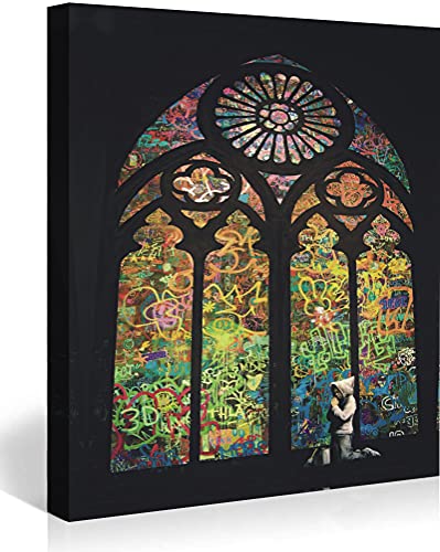 MJEDC Banksy Bilder Leinwand Stained Glass Window Graffiti Street Art Leinwandbild Fertig Auf Keilrahmen Kunstdrucke Wohnzimmer Wanddekoration Deko XXL 40x60cm(15.7x23.6inch) von MJEDC