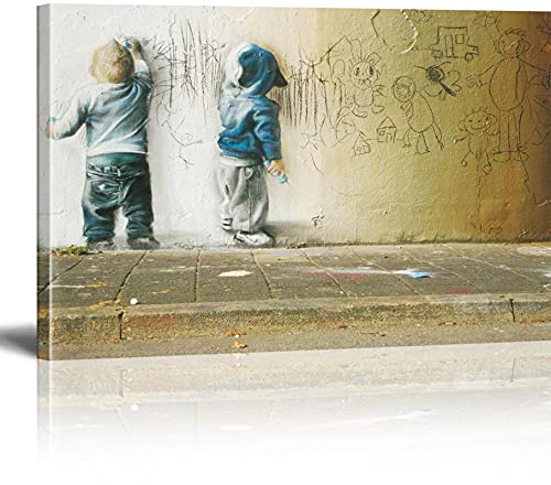 MJEDC Banksy Bilder Leinwand Two Kids Graffiti Street Art Leinwandbild Fertig Auf Keilrahmen Kunstdrucke Wohnzimmer Wanddekoration Deko XXL 60x80cm von MJEDC