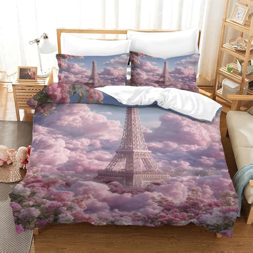 Eiffelturm Bettbezug Set Bettwäsche Set Kinderbettwäsche Reißverschluss Mit Kissenbezügen Betten Set Für Jungen Und Mädchen, Kinder Single（140x200cm） von MJFCoin