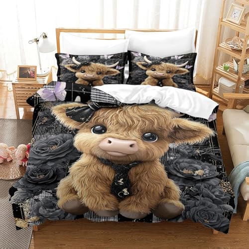 Highland Kuh Bettbezug Bettwäsche-Sets Kinderbettwäsche Reißverschluss Mit Kissenbezügen Betten Set Für Jungen Und Mädchen, Kinder Super King（260x220cm） von MJFCoin