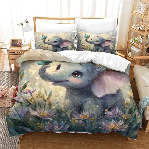 MJFCoin Elefant Bettbezug Set Bettwäsche-Sets Kinderbettwäsche-Set Reißverschluss Mit Kissenbezügen Betten Set Für Jugendliche Kinder Schlafzimmer Single（140x200cm） von MJFCoin