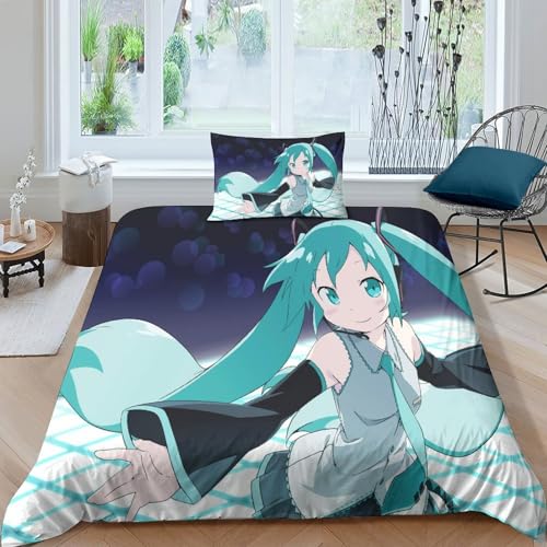 MJFCoin Hatsune Miku Bettbezug Set Bettwäsche Kinderbettwäsche Reißverschluss Mit Kissenbezügen Betten Set Für Jugendliche Kinder Schlafzimmer Single（135x200cm） von MJFCoin