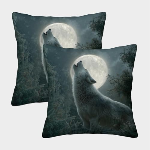 MJFCoin Wolf Quadratische Mond Kissenbezüge, 2er Pack, Optimal Für Bedroom Comfort Und Outdoor Leisure, Leicht Zu Reinigen 50x50cm von MJFCoin
