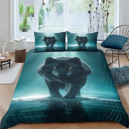 Wolf Bettbezug Bettwäsche-Sets Kinderbettwäsche Reißverschluss Mit Kissenbezug Betten Set Für Jungen Und Mädchen, Kinder Double（200x200cm） von MJFCoin