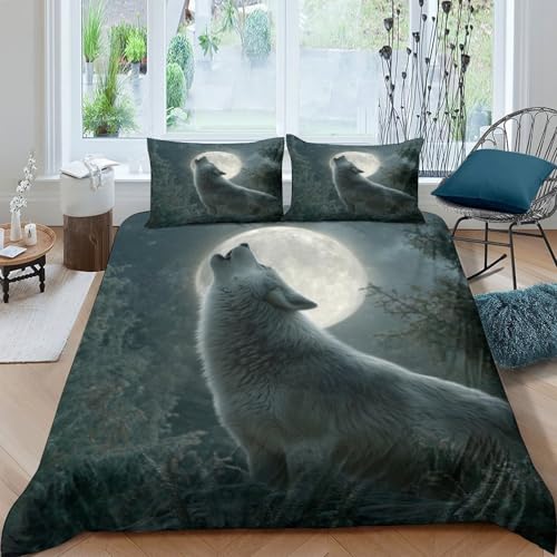 Wolf Bettbezug Set Bettwäsche Kinderbettwäsche Reißverschluss Mit Kissenbezug Betten Set Für Jungen Und Mädchen, Kinder Double（200x200cm） von MJFCoin