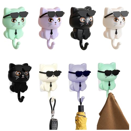 MJFENDAI 4 Stück Sonnenbrille Katze SchlüSselhaken, Selbstklebender Kleiderhaken mit Schlüsselhalter, Ohne Bohren Kreativ Niedliche Selbstklebende Wandhaken für Heimdekoration, Katzenliebhaber von MJFENDAI
