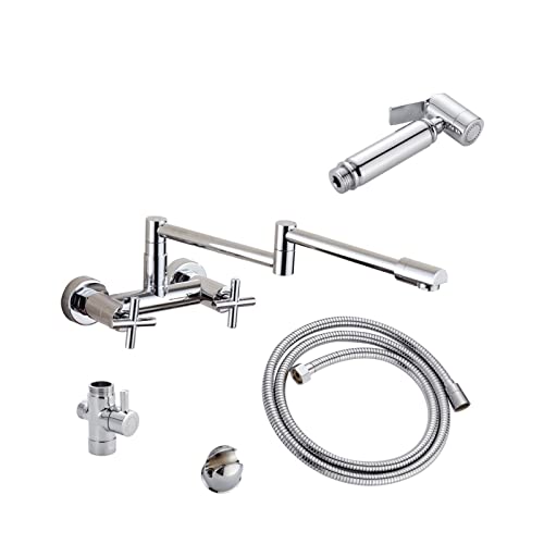 Messing Küchenklapphahn Topffüller Wasserhahn Zwei Löcher Wandmontage Wasserhahn Warm- und Kaltmischbatterie mit Küchensprüher(1 Function Set) von MJFVN