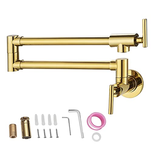 Pot Filler Doppelhahn aus massivem Messing for gewerbliche Wandmontage, Küchenherd, mit mattschwarzem Finish, klappbares Restaurant(24.4in Gold) von MJFVN