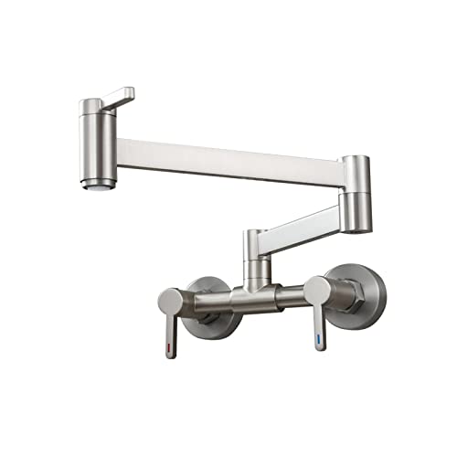 Wandmontage Topffüller Wasserhahn 3 Griff Küchenspüle Wasserhahn Schwenkarm Klappauslauf Mischbatterie, Mattschwarz(Brushed Nickel) von MJFVN